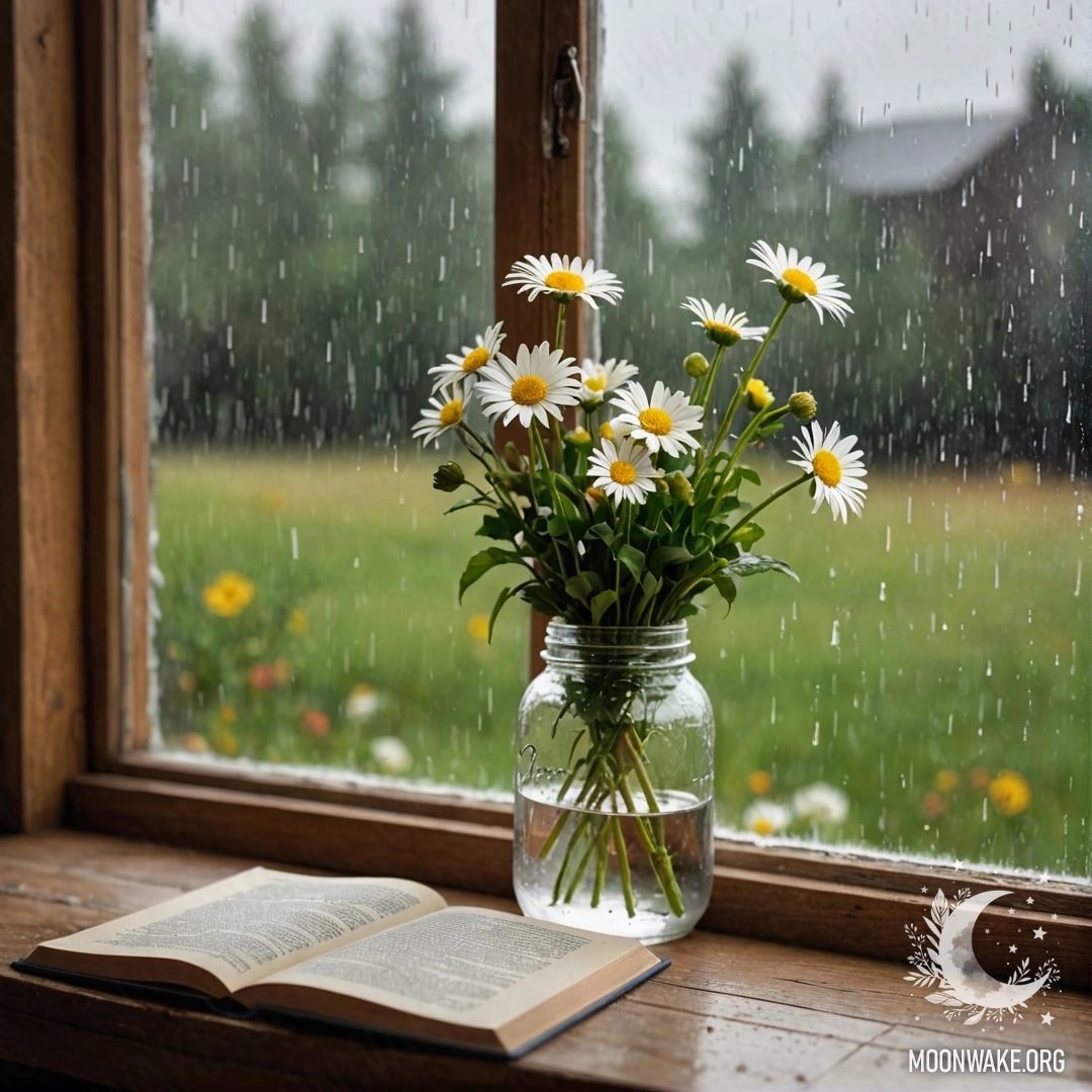A shabby wooden windowsill with a jar of daisies and an open book under the rain.