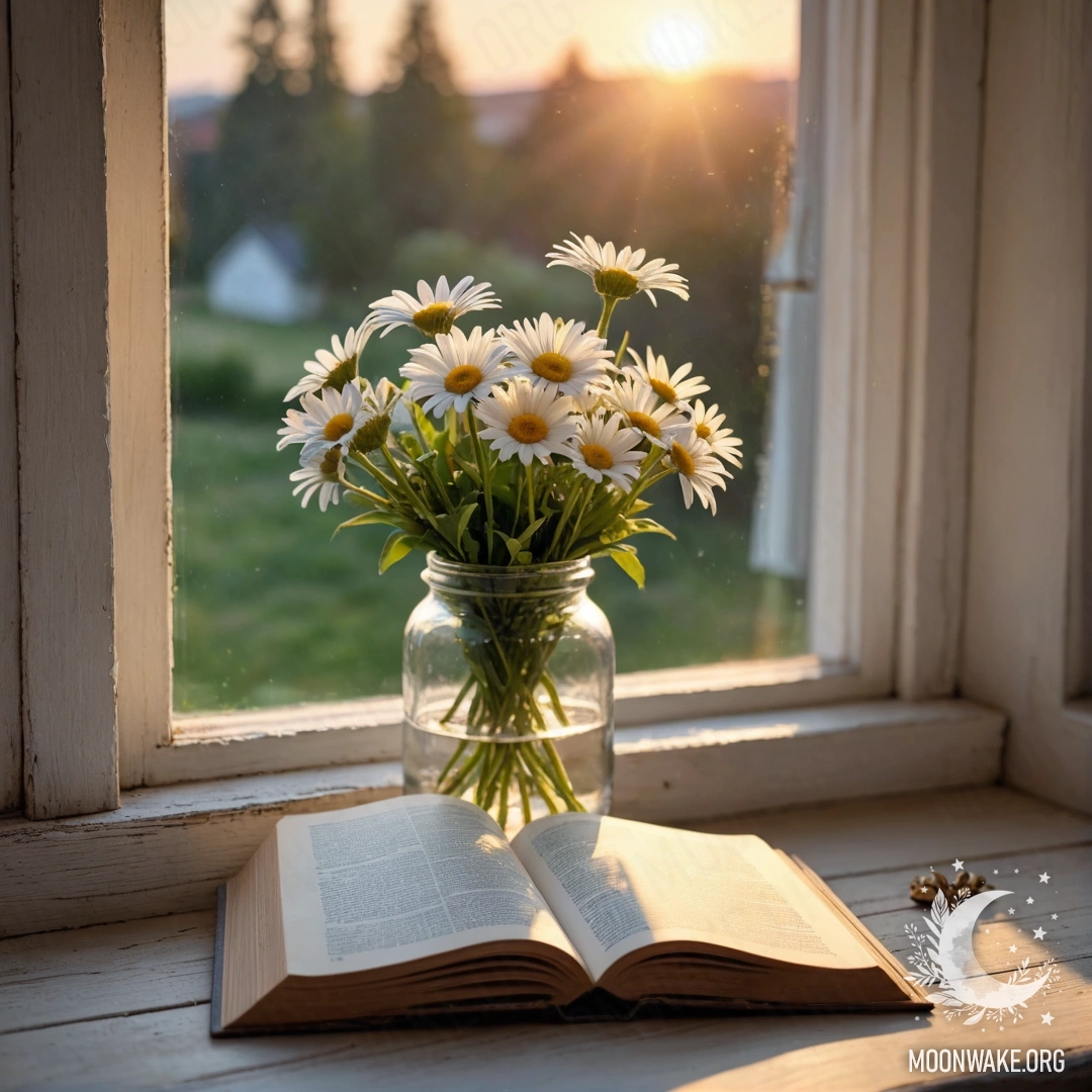 A shabby wooden windowsill with a jar of daisies and an open book on it during sunset.