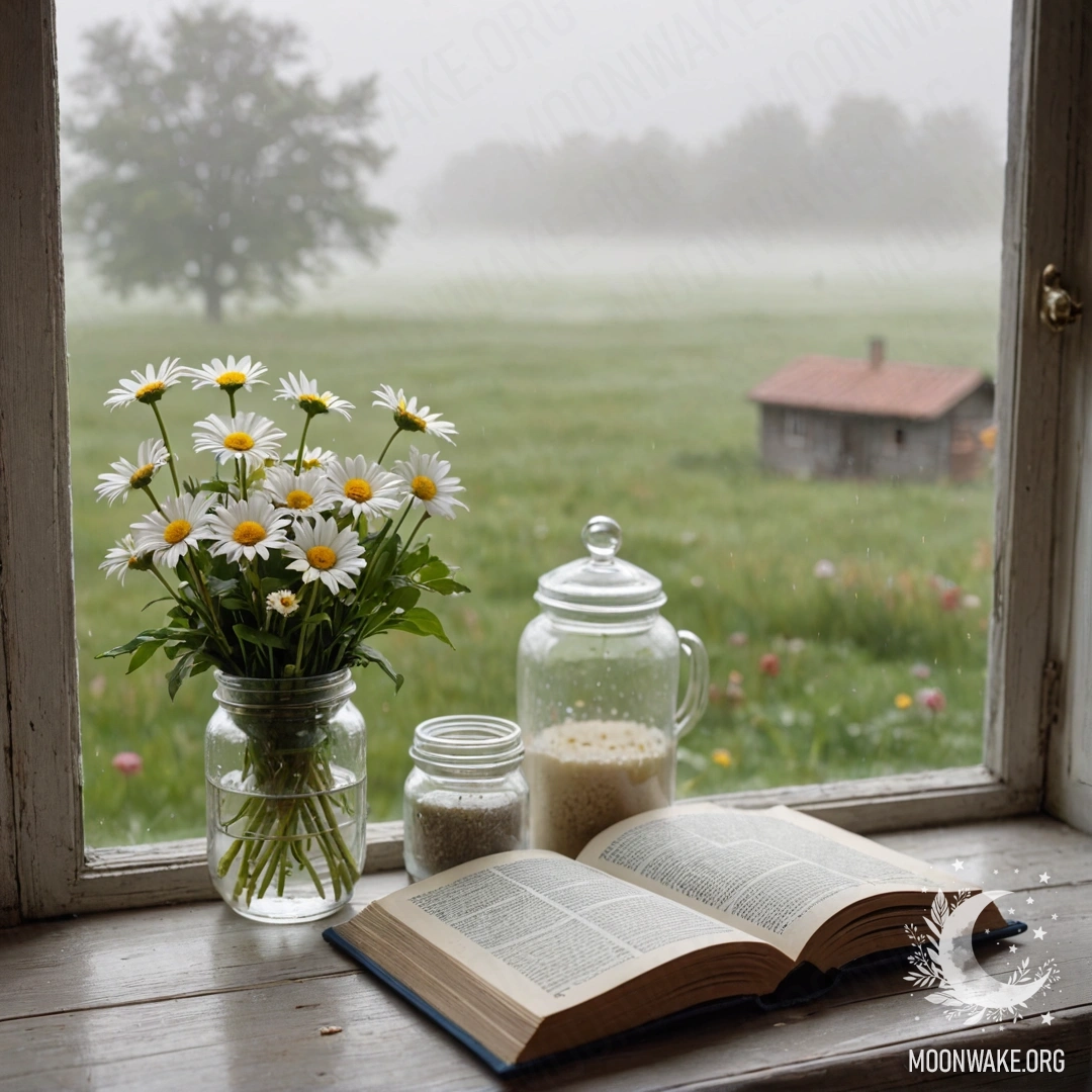 A shabby wooden windowsill with a jar of daisies and an open book in dense fog.