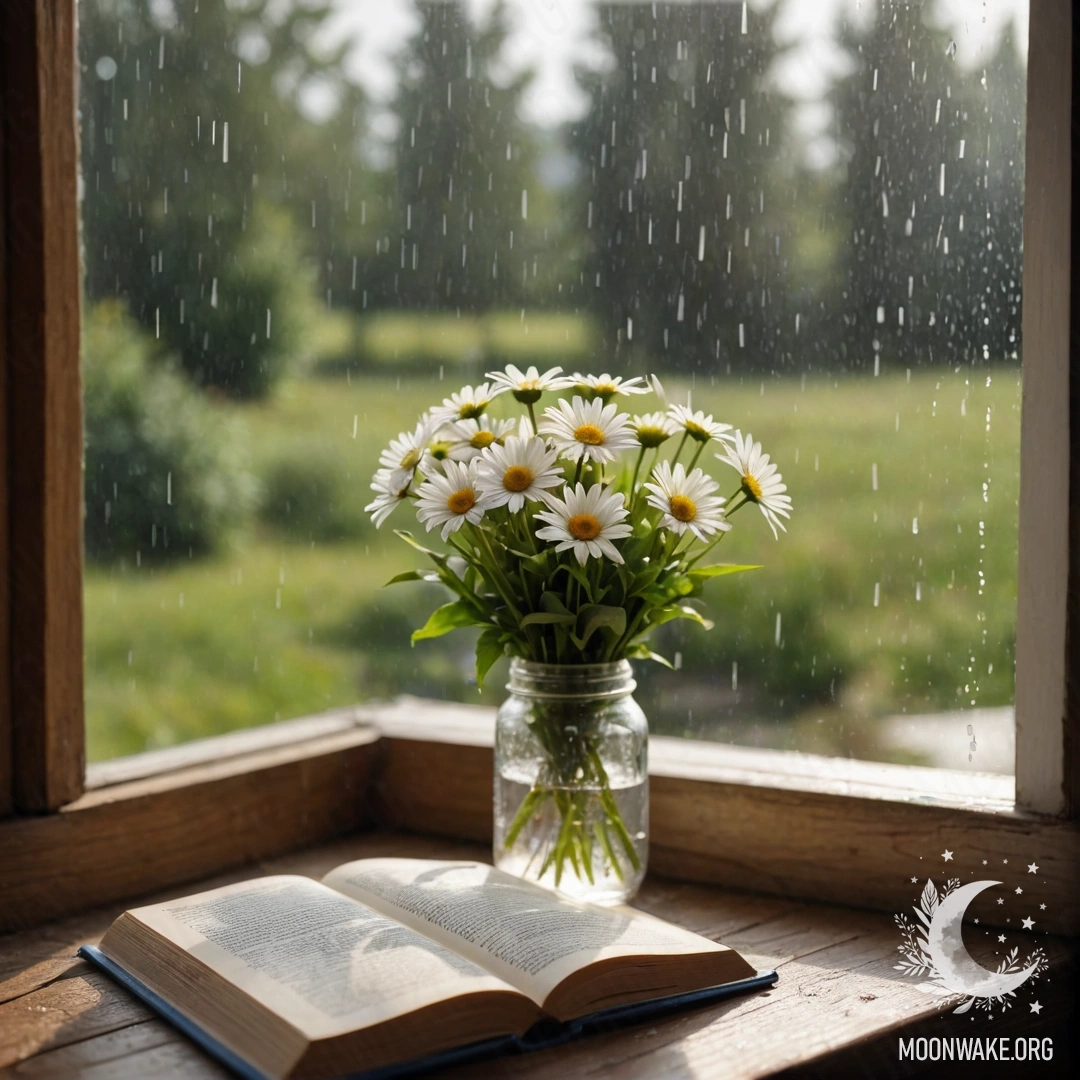 Rustic Beauty with Daisies and Rain A shabby wooden windowsill with a jar of daisies and an open book lying in the rain.