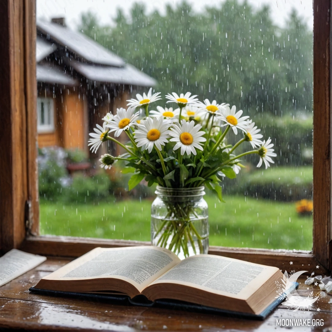 A shabby wooden windowsill with a jar of daisies and an open book under the rain.