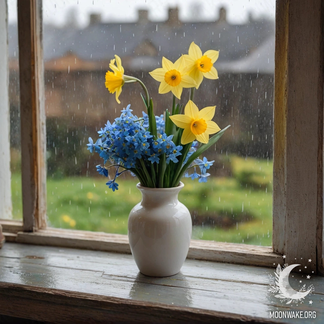 A shabby wooden windowsill adorned with a white porcelain vase containing daffodils and forget-me-nots, softly raindrops falling around.