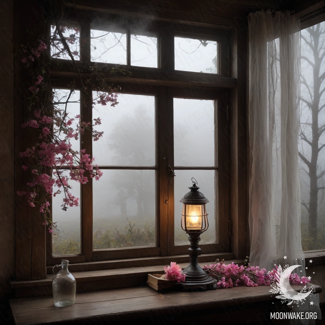 Charming Windowsill with Daisies and a Book A shabby wooden windowsill adorned with a jar of daisies and an open book.