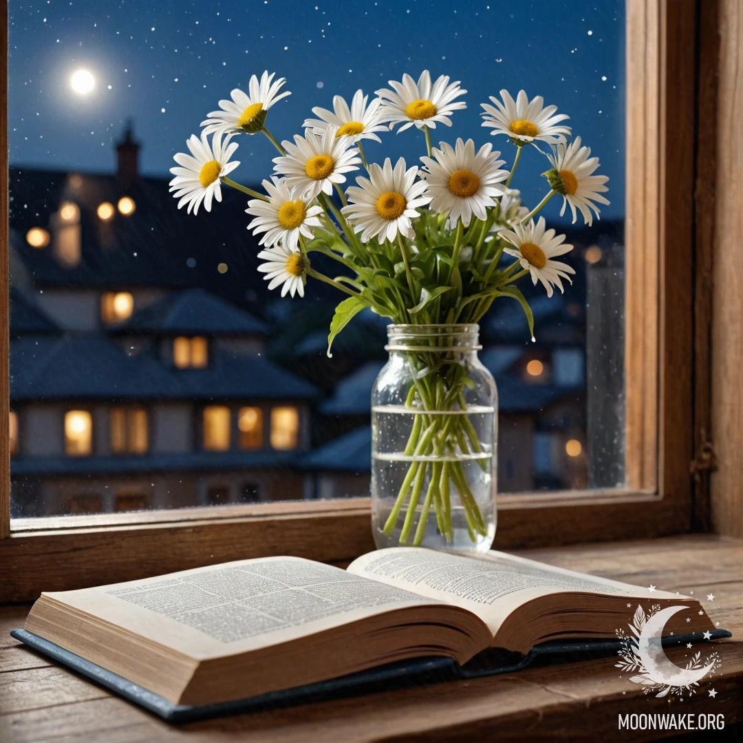 A shabby wooden windowsill with a jar of daisies and an open book at night.
