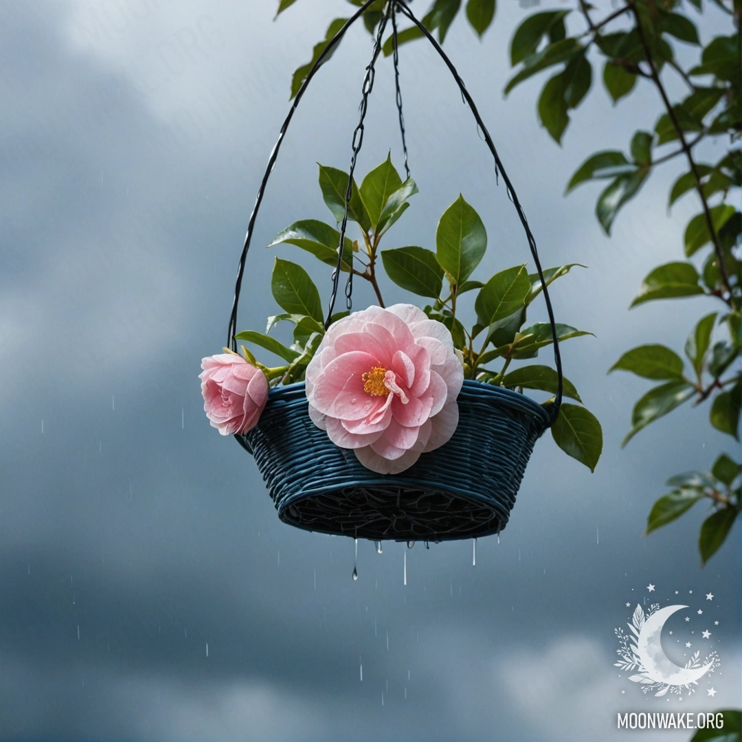 A sky blue camellia flower in a basket, drenched by raindrops.