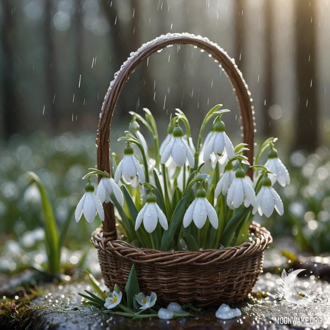 A delicate snowdrop flower resting in an aquamarine basket, with raindrops glistening on its petals and sun rays illuminating the scene.