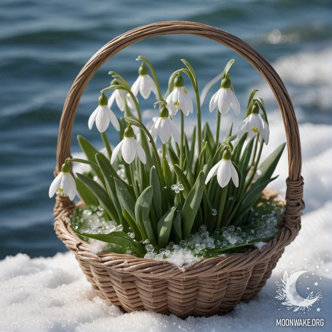 A beautiful snowdrop flower with a web in a basket colored like sea waves.