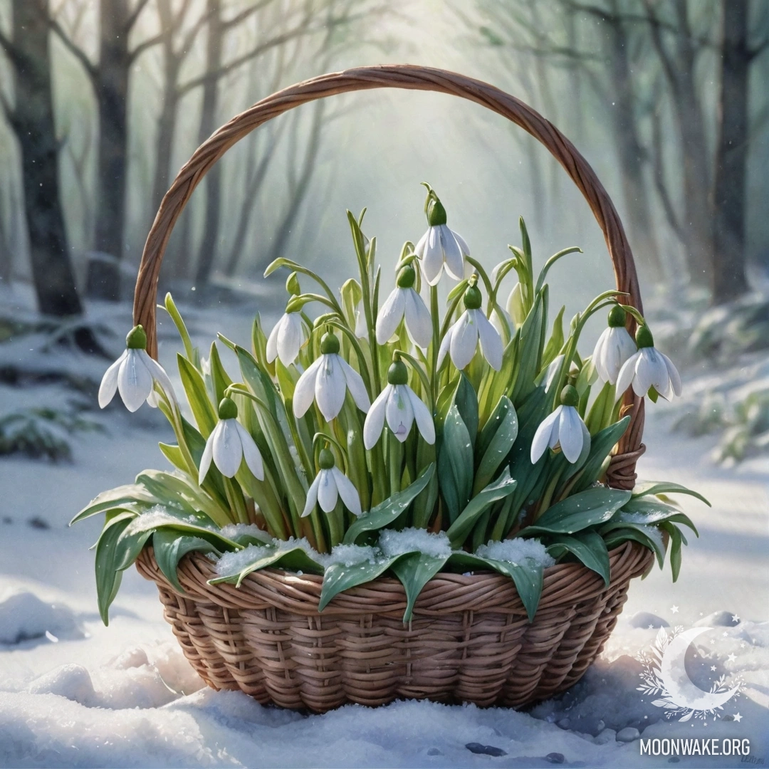 A peaceful snowdrop flower resting in a mint-colored basket surrounded by mist.