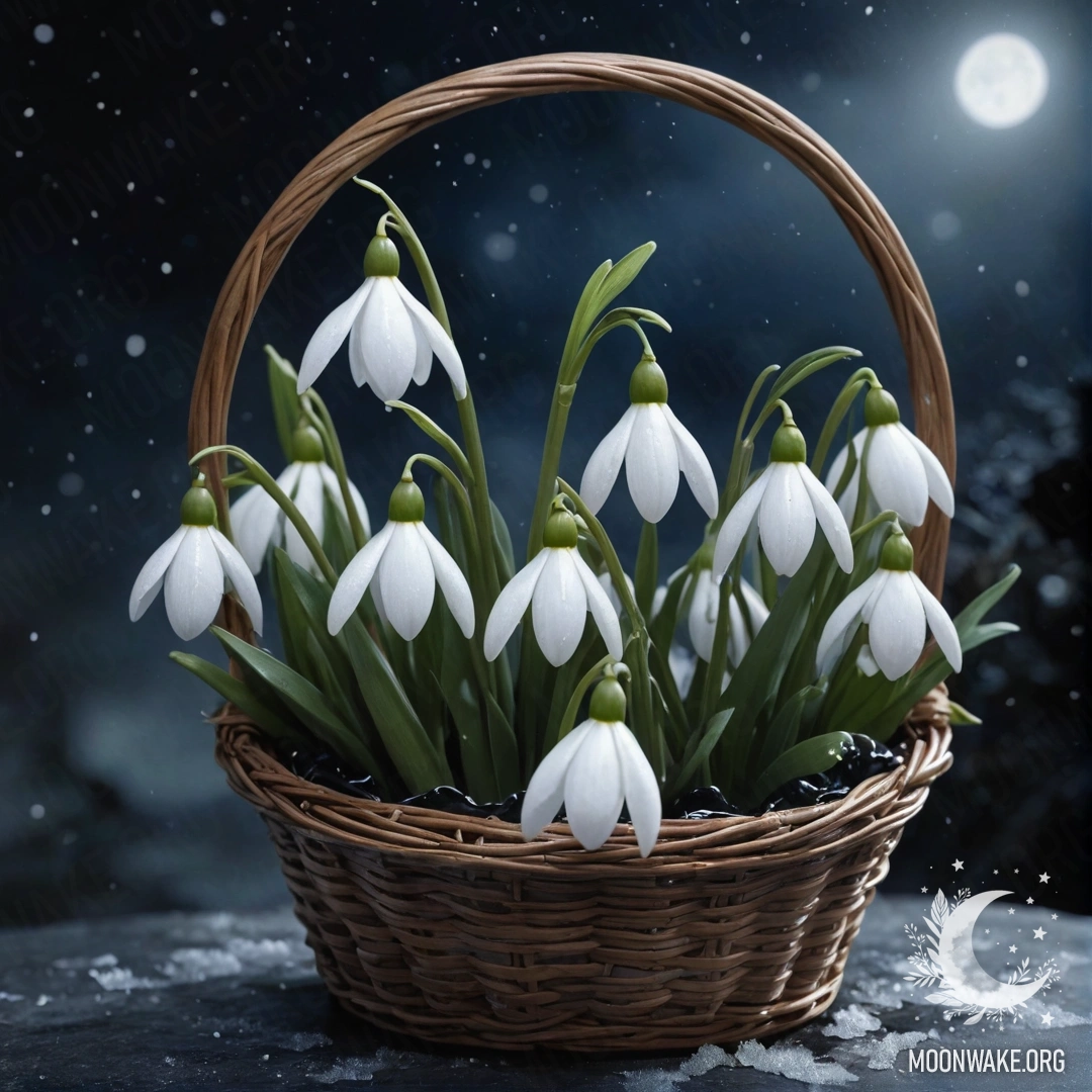 Snowdrop in a Sea Wave Color Basket A delicate snowdrop with a web in a basket, colored like sea waves under the night sky.