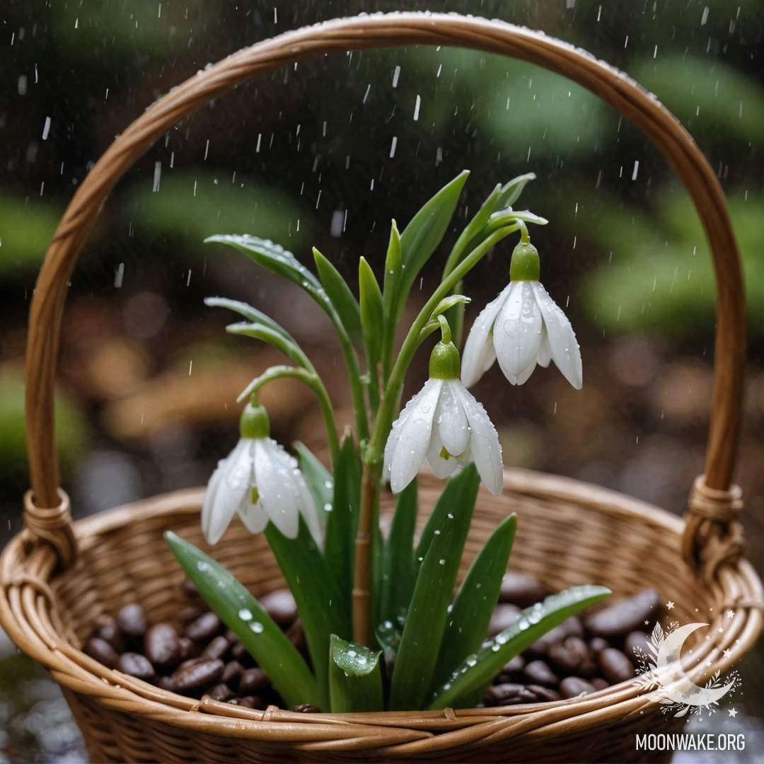 A delicate snowdrop flower resting in a rain-soaked coffee-colored basket.