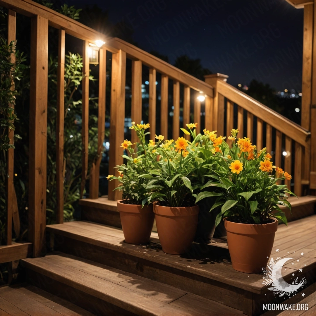 A wooden staircase adorned with flowerpots during nighttime.