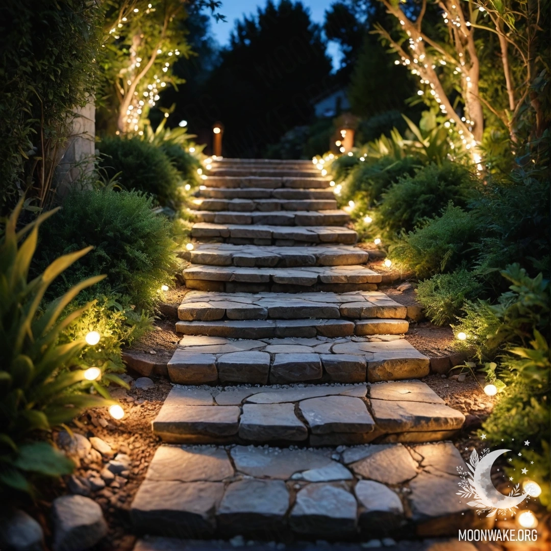 Starlit Garden Path A photorealistic garden featuring light garlands, a stone path, and a wooden staircase adorned with lanterns.