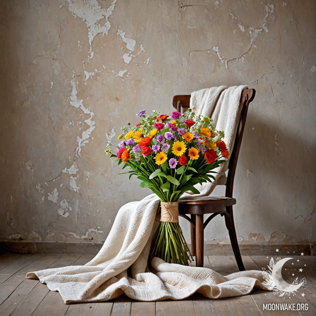 Still Life with Blanket and Flowers A peaceful still life featuring a chair with a blanket and flowers on it against a shabby wall.