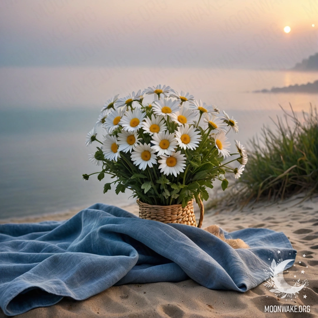 Straw Bag on the Beach at Sunset A straw bag with a blue tablecloth and a bouquet of daisies on a sandy beach at sunset, with a misty sea in the background.