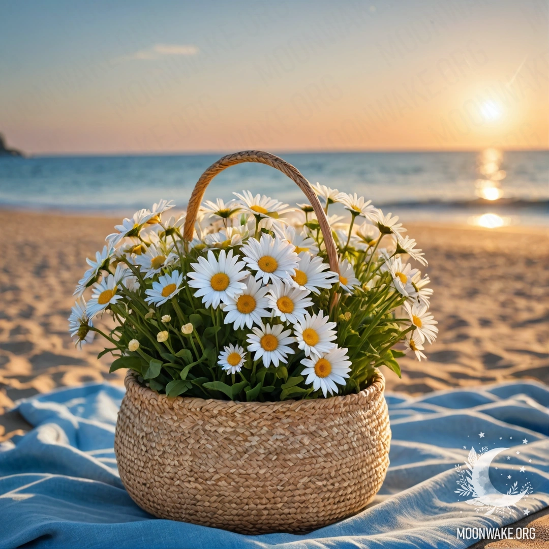 A straw bag with a blue tablecloth and bouquet of daisies on the sandy beach at sunset, with the sea in the background and sun rays shining.