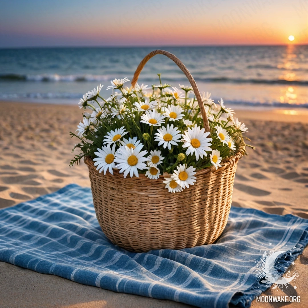 A straw bag with a blue tablecloth and a bouquet of daisies on a sandy beach at sunset.
