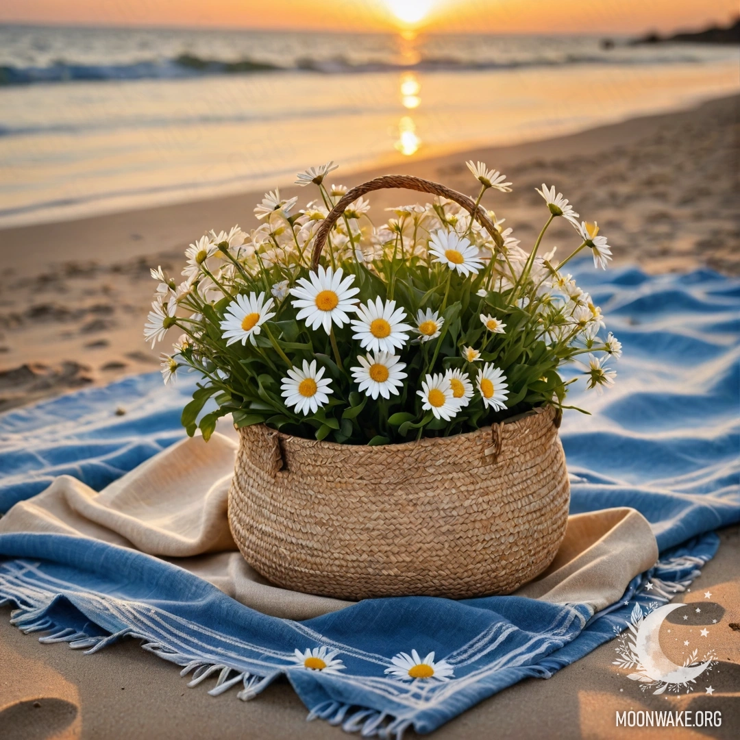 A straw bag with a blue tablecloth and daisies on the beach at sunset.