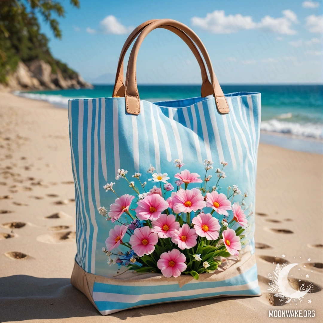 A white and blue striped bag filled with pink flowers on a sandy beach with a blue sea and sky.