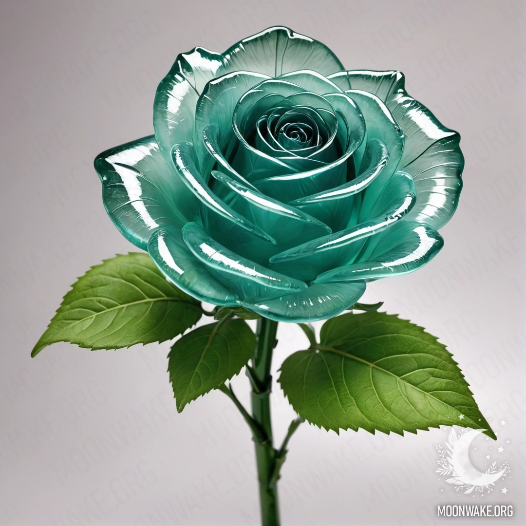 A beautifully crafted glass rose with delicate petals, stem, and leaves, all made of glass.