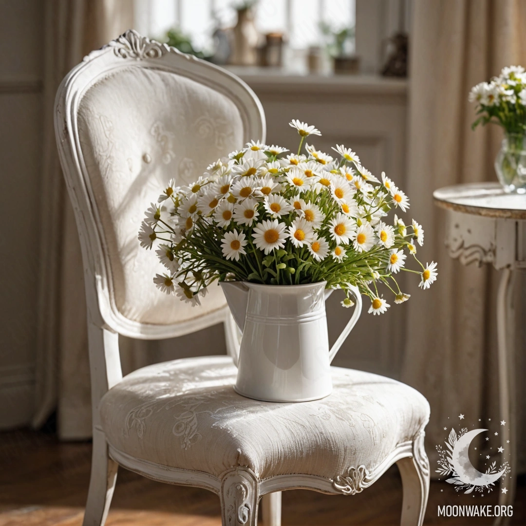 Close-up of a shabby vintage chair adorned with white fabric, a cup of coffee, and a milk bucket filled with daisies, softly illuminated by garland lights.
