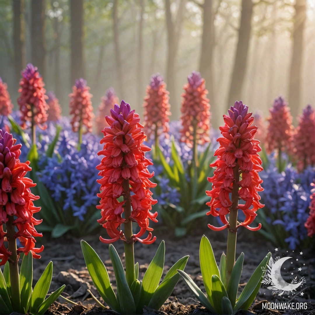 A red hyacinth flower emerging through a misty backdrop illuminated by sunny rays.