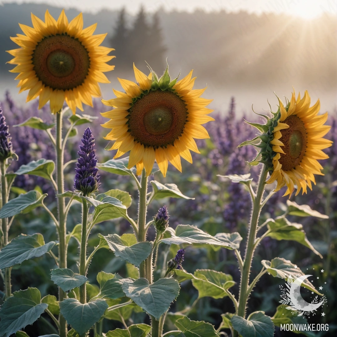Beautiful sunflowers emerging from the fog with soft lavender hues.