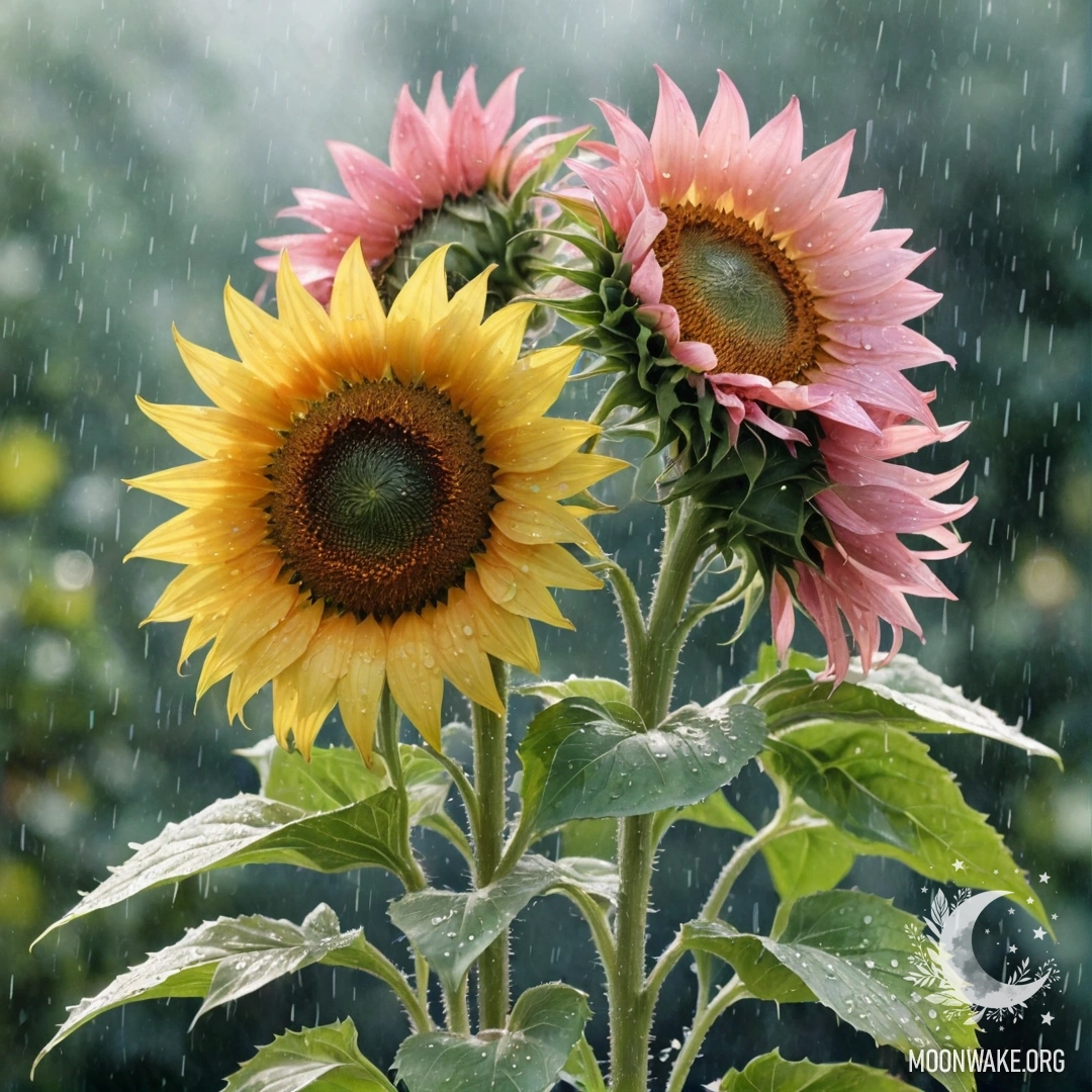 A bouquet of pink sunflowers under rain with sunny rays