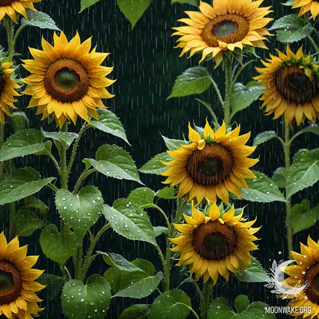 Enchanting Sunflowers Under the Rainy Night A stunning view of vibrant sunflowers drenched in rain at night, surrounded by patterns of green.
