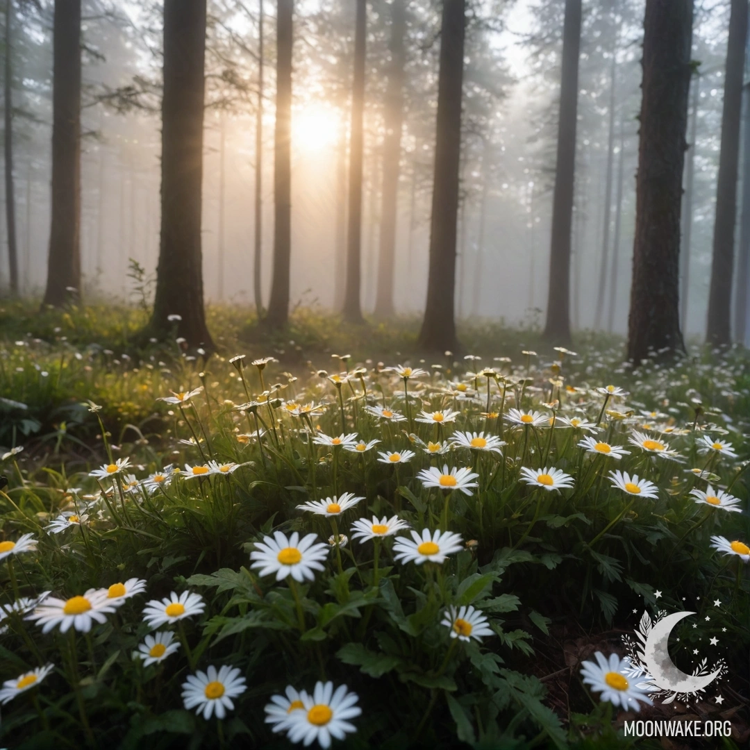Sunlight shines through trees in a misty forest, close-up of daisies.