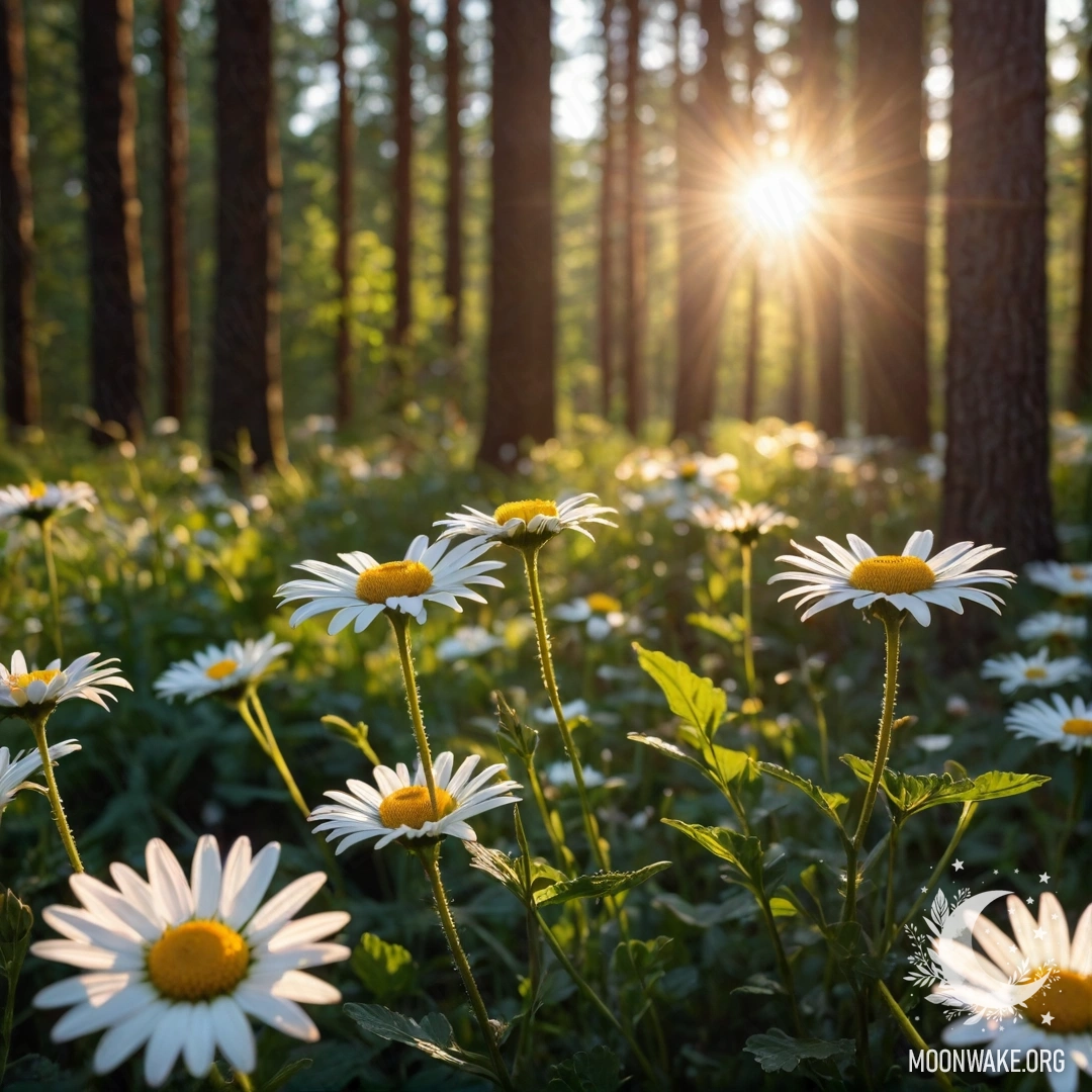 A close-up of daisies illuminated by sunlight filtering through trees at sunset.
