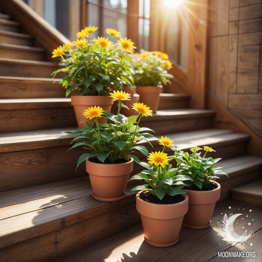 Sunlit Abstract Flowerpots on Wooden Staircase An abstract depiction of flowerpots on a wooden staircase with sunlight.