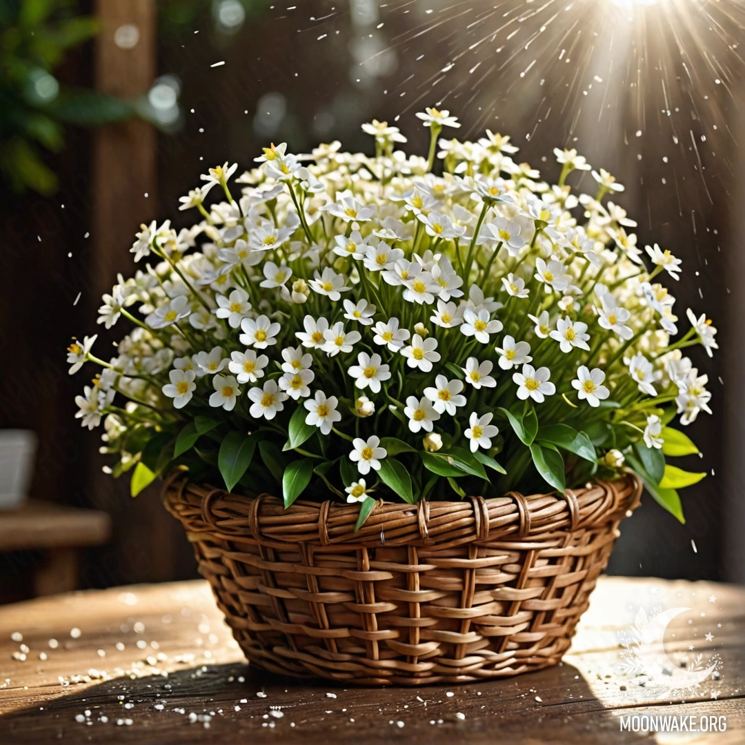 A basket containing small white flowers, illuminated by sunlight.