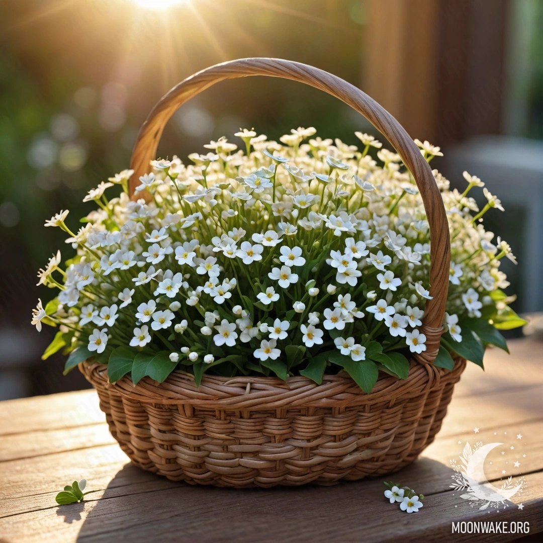 A photorealistic image of a basket filled with small white flowers, illuminated by the sun's rays on a wooden table at sunset.