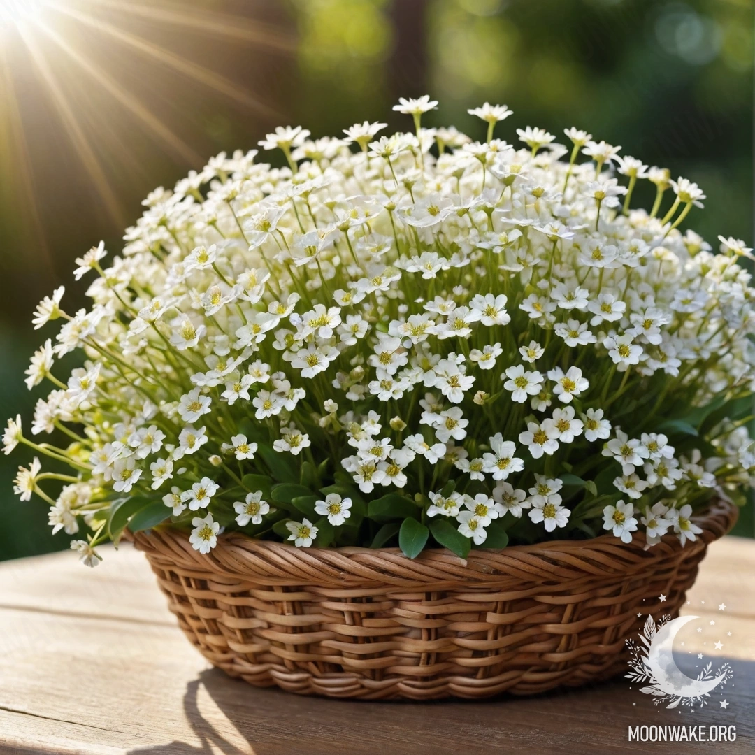 A basket filled with small white flowers illuminated by sunlight on a wooden table.