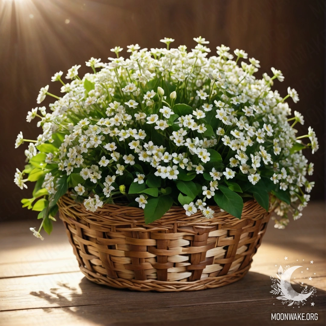 A basket filled with small white flowers, illuminated by sunlight, on a wooden table.