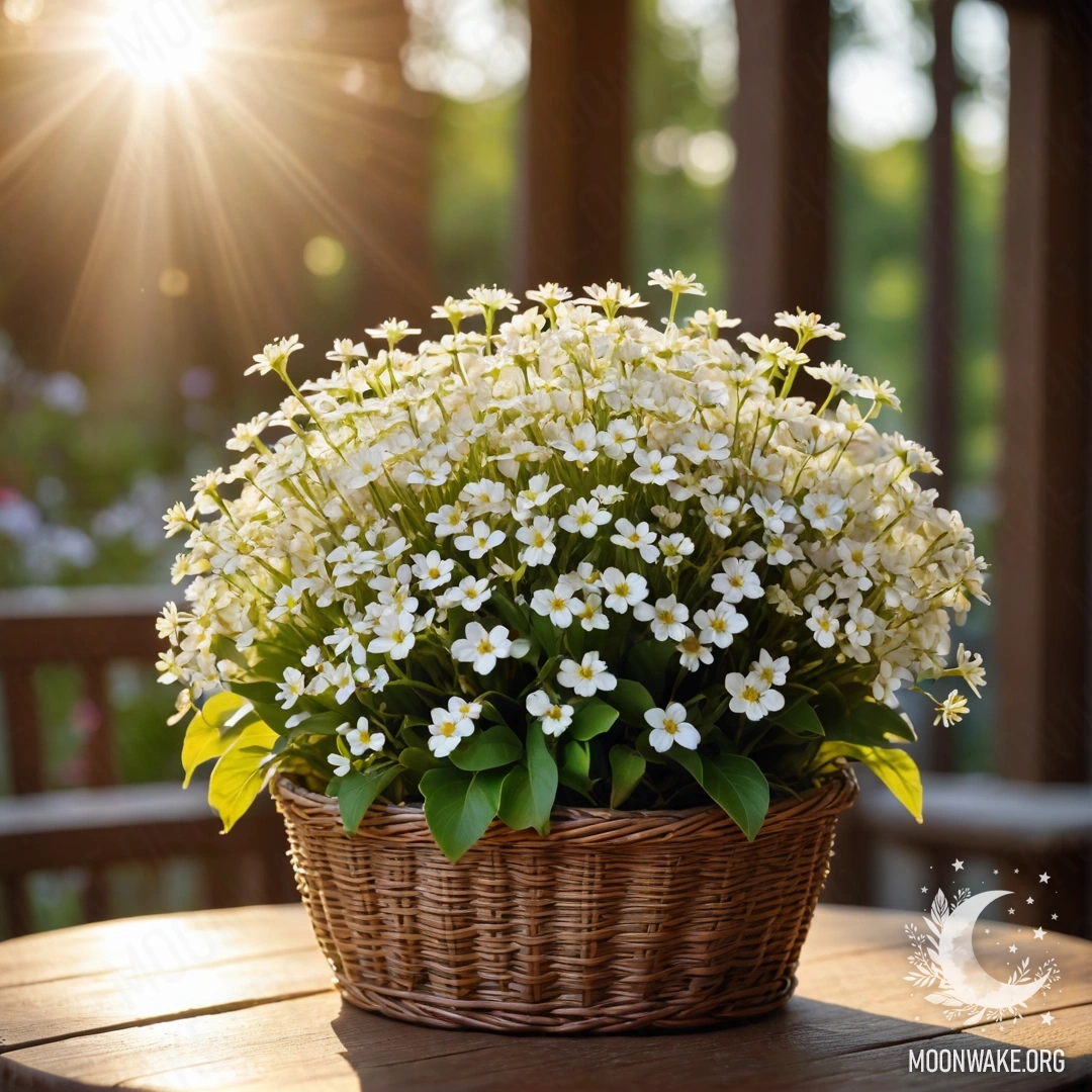 A basket filled with small white flowers, lit by sunset rays on a wooden table.