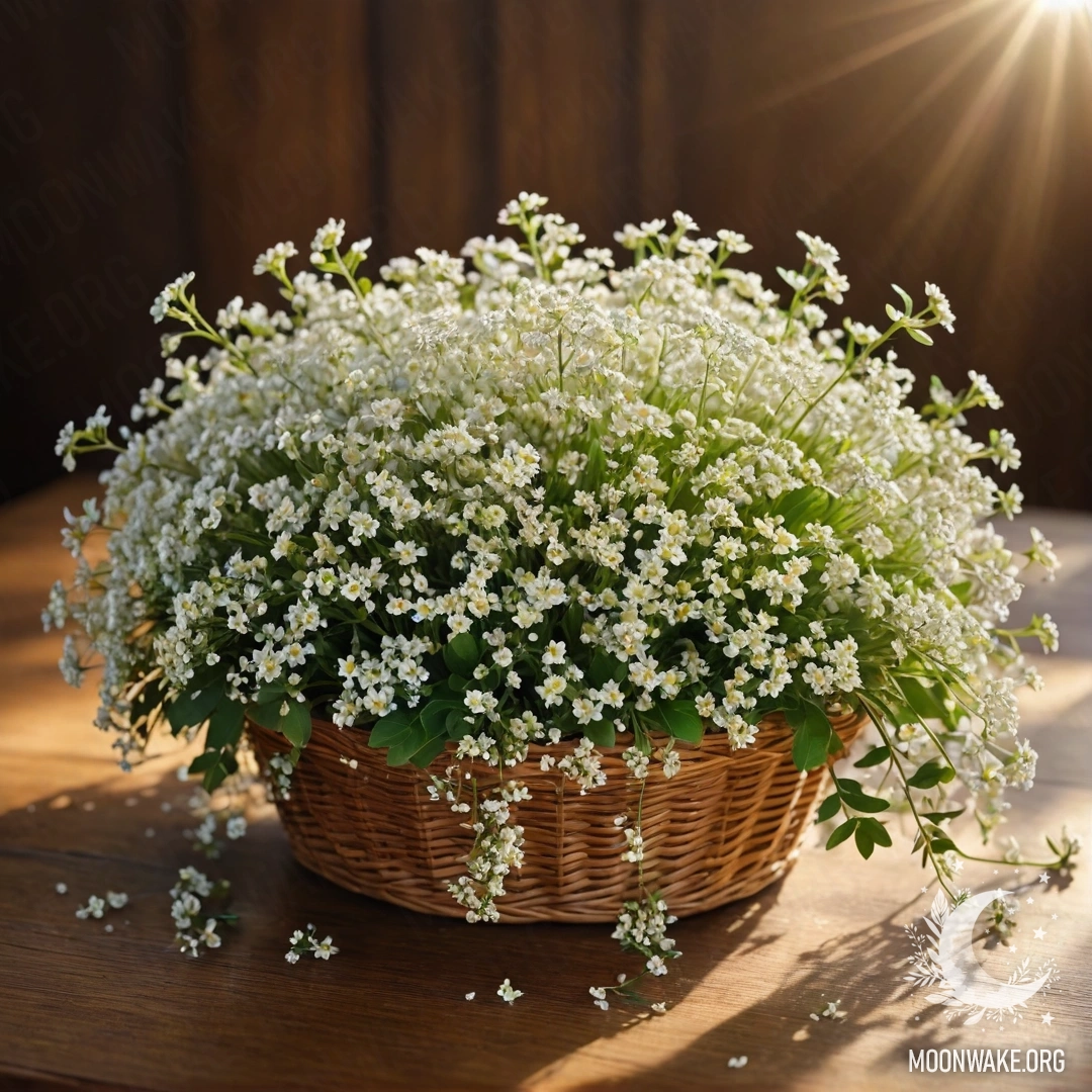 A photorealistic image of a basket filled with small white flowers illuminated by sunlight on a wooden table.