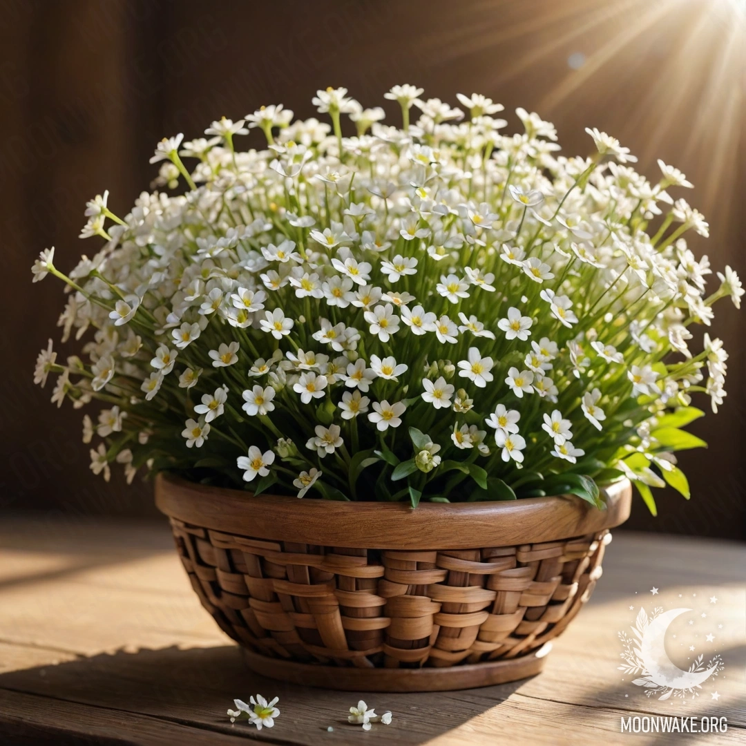A photorealistic depiction of a basket filled with small white flowers, illuminated by sunlight on a wooden table.