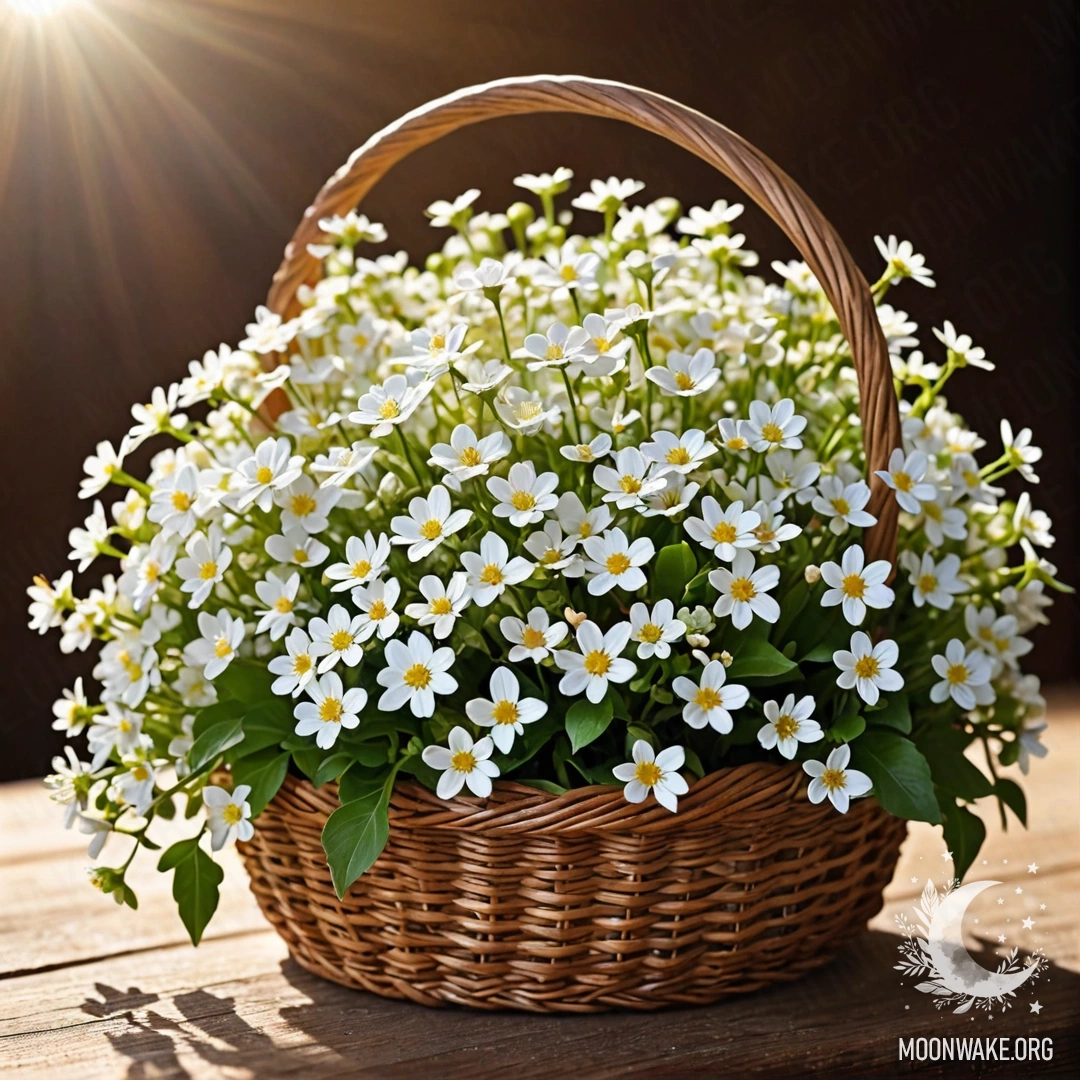 A basket filled with small white flowers on a wooden table, illuminated by sunlight.