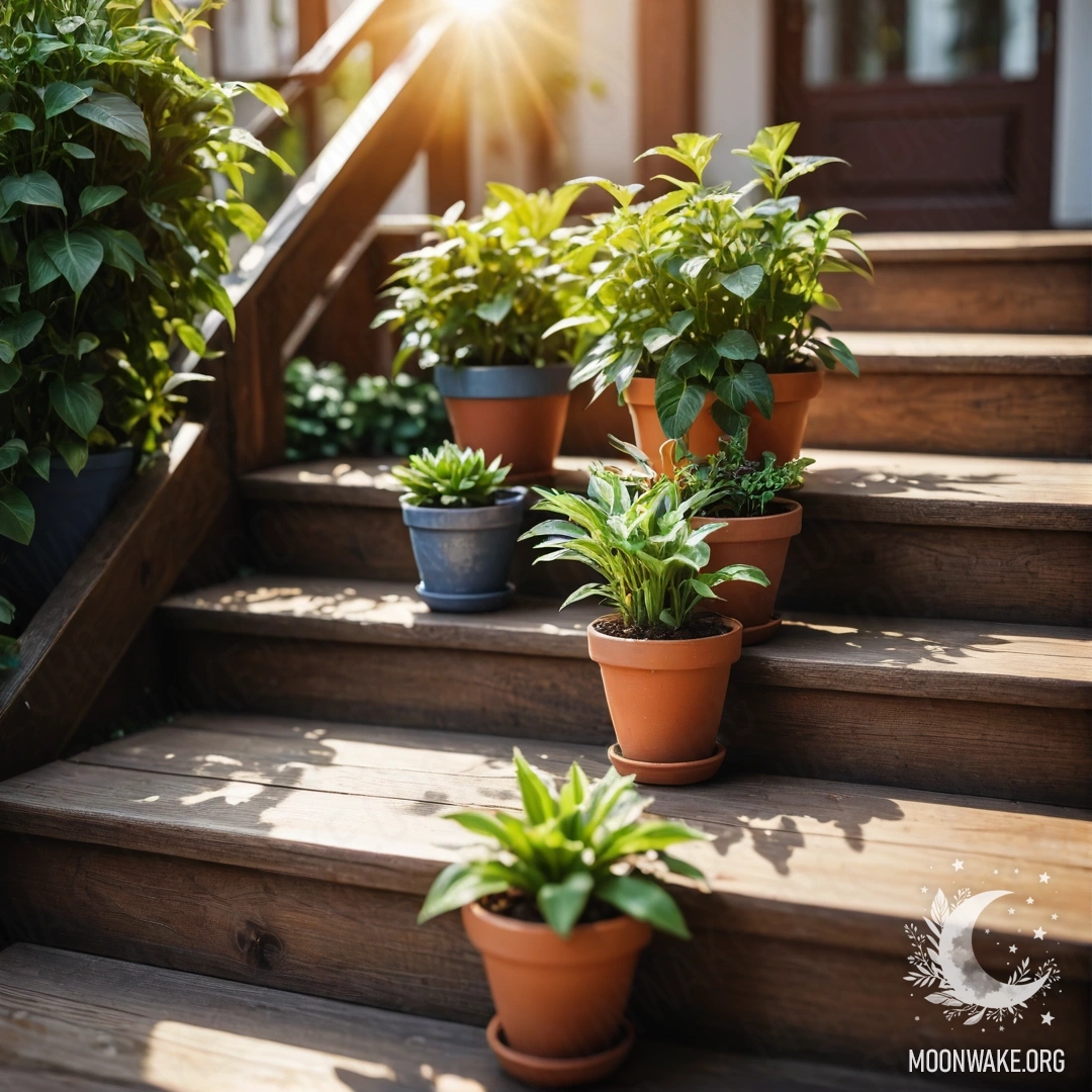 A peaceful wooden staircase adorned with flowerpots illuminated by sunlight.