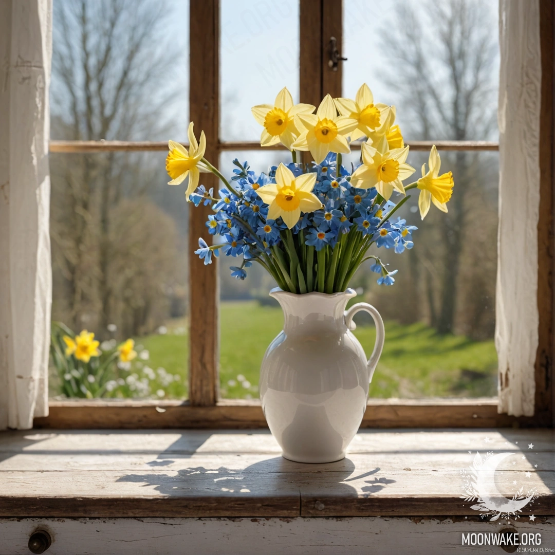 A weathered wooden window sill with a white porcelain vase holding daffodils and forget-me-nots, illuminated by sunlight.