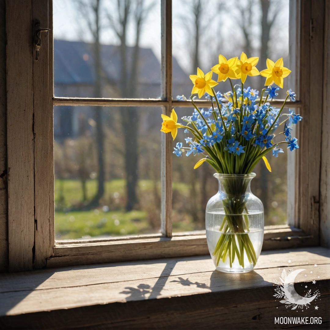 A shabby wooden window sill with a white porcelain vase filled with daffodils and forget-me-nots in sunlight.