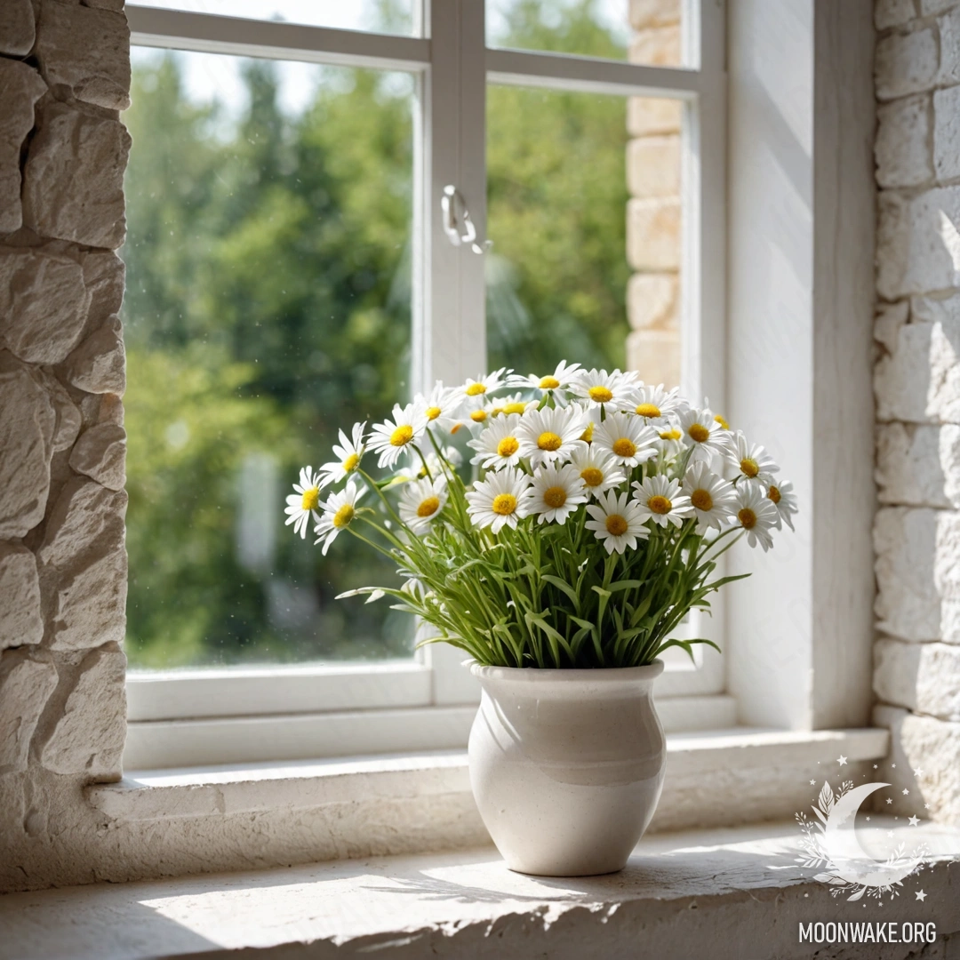 Sunlit Daisies by the Window A white stone wall with an open window and a basket of daisies on the windowsill, illuminated by sunlight.