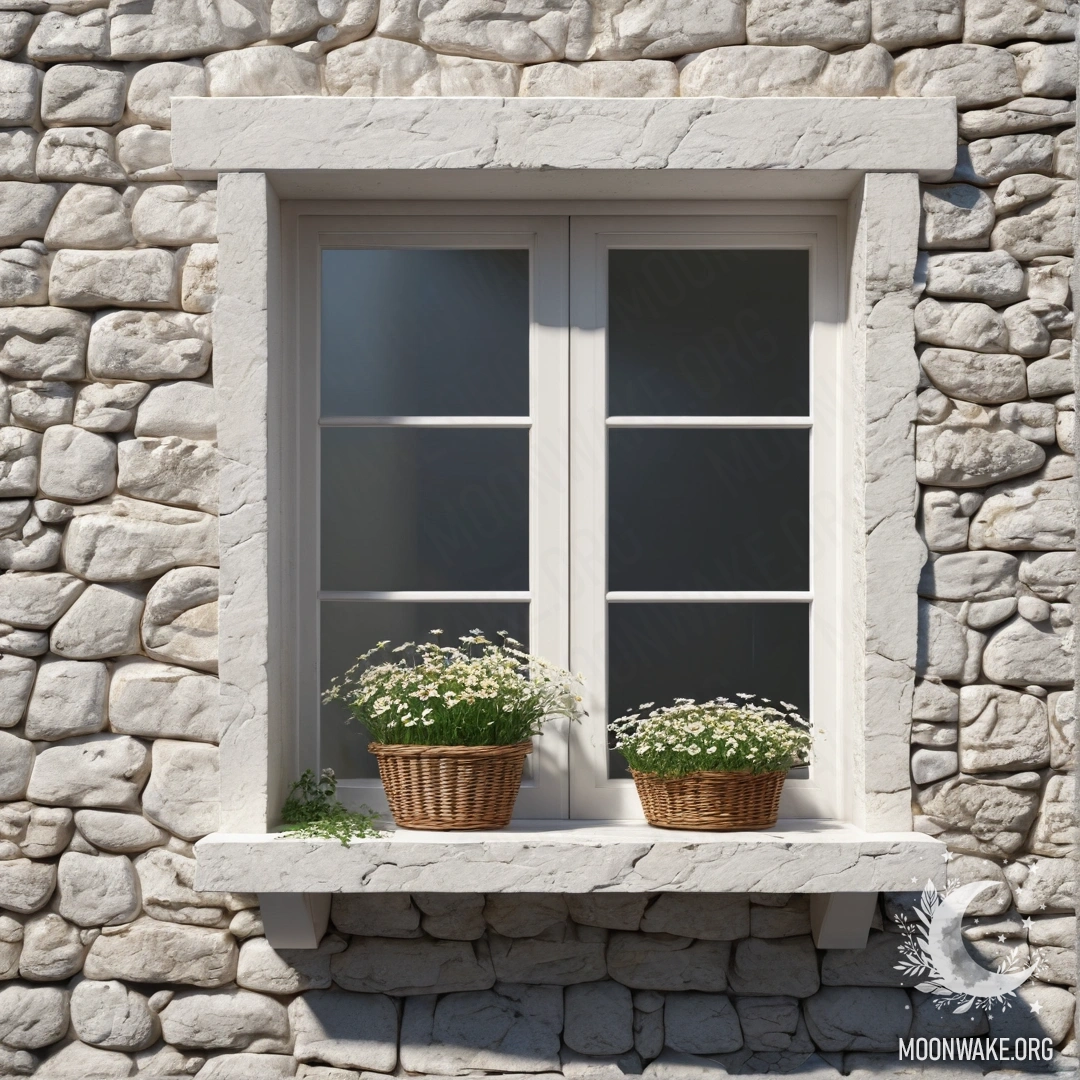 A white stone wall with an open window and a basket of daisies catching sun rays.