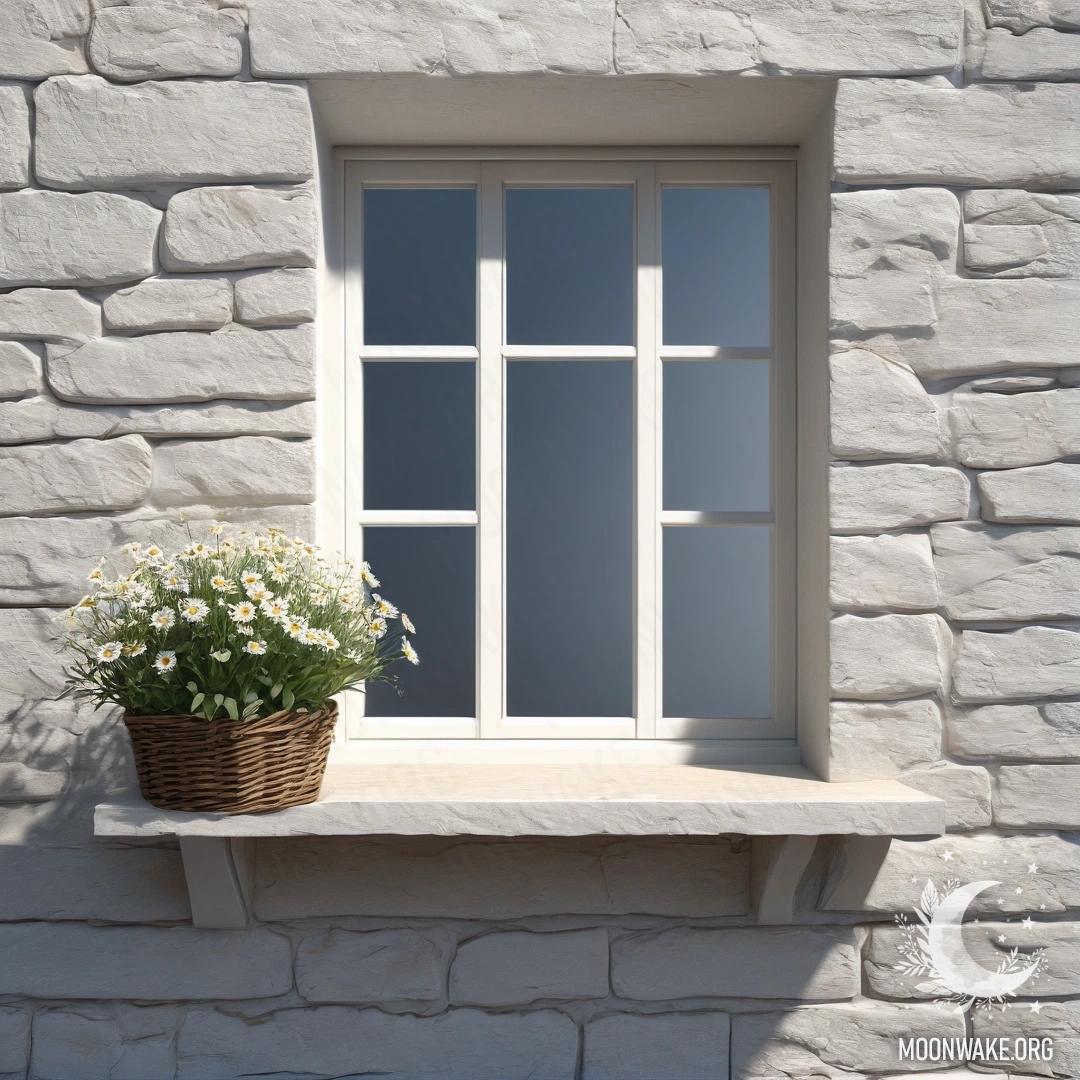 Sunlit Daisies on a Stone Windowsill A photorealistic depiction of a white stone wall with an open window and a basket of daisies on the windowsill, illuminated by sun rays.