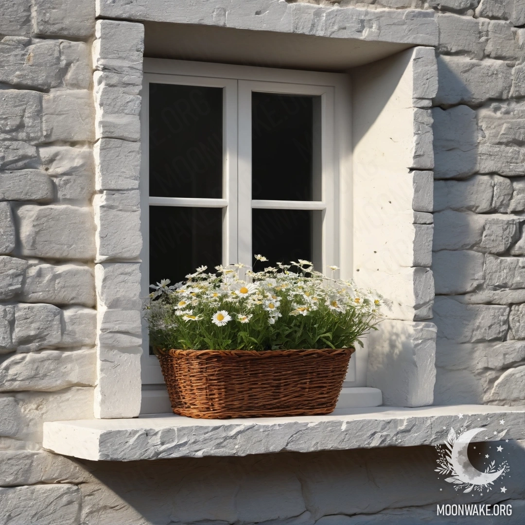 A serene scene depicting a white stone wall, an open window, and a basket filled with daisies resting on the windowsill, illuminated by sun rays.