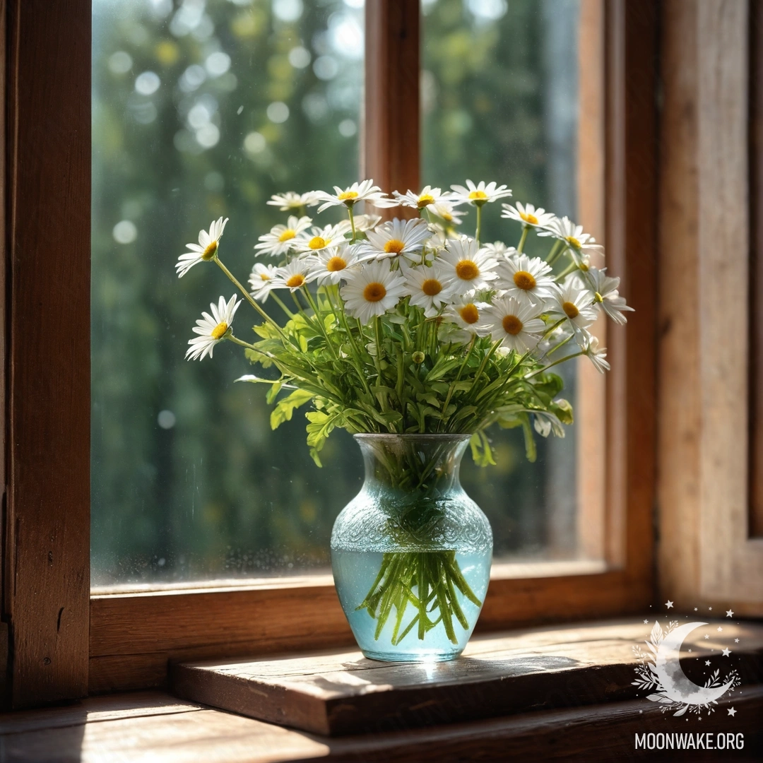 A glass vase with daisies bathed in sunlight on a wooden sill.