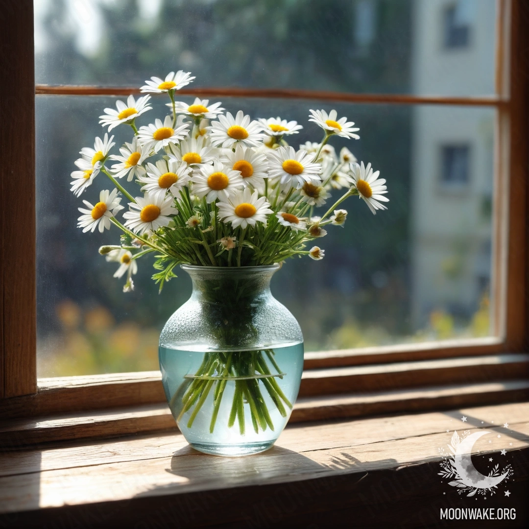 A glass vase filled with daisies sits on a wooden vintage windowsill illuminated by sun rays.