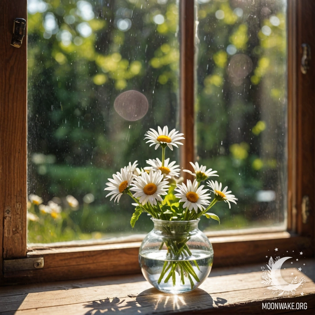 A glass vase filled with daisies sits on a wooden vintage windowsill, illuminated by sun rays.
