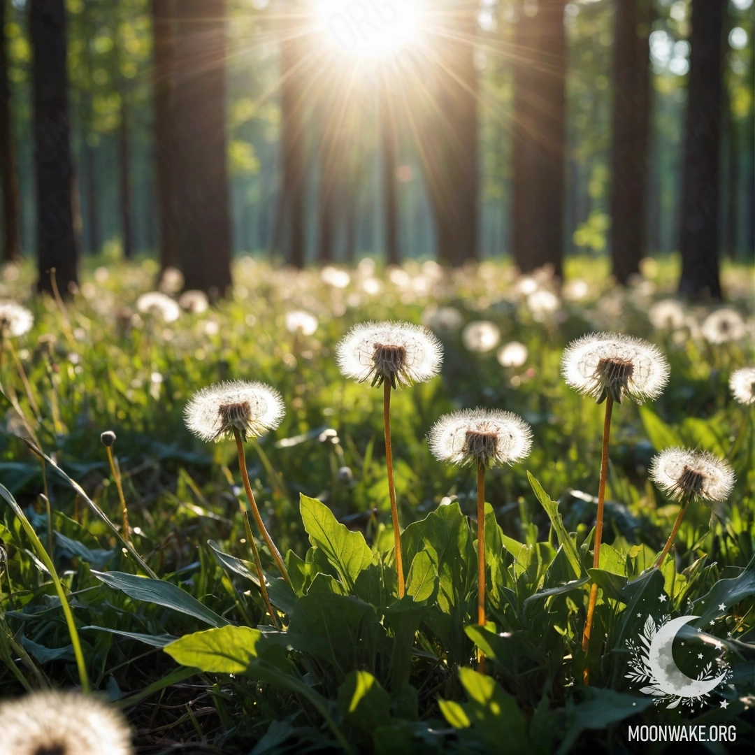 Sunlit Dandelion Field Close-up of dandelions in a calm field with sunlight filtering through trees.